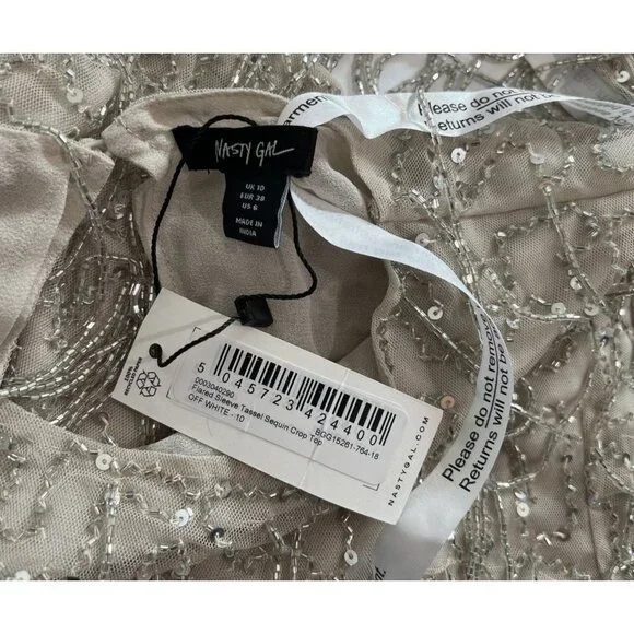 Nasty Gal Flare Sleeve Tassel Sequin Crop Top in Off White